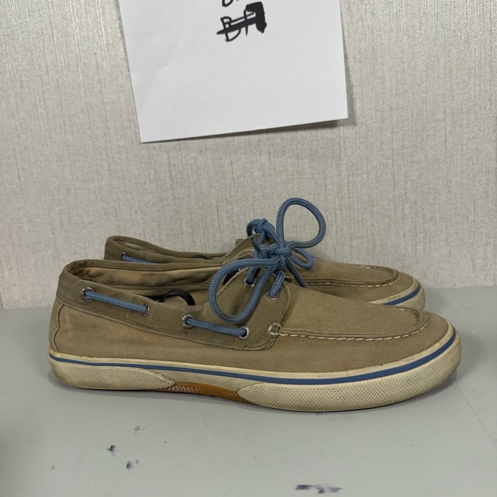 Sperry Tan Boat Shoes with Blue Laces